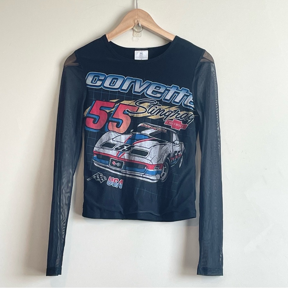 Black Corvette Stingray Graphic Mesh Sheer Sleeve GM Official Sz S